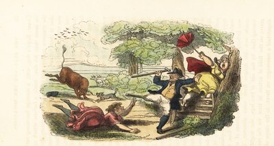 Una famiglia di botanici attaccata da un toro in carica in un campo, 1831 da Thomas (after) Rowlandson