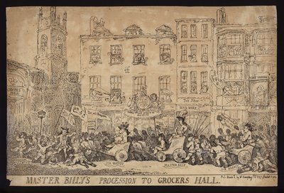 La Processione del Maestro Billy alla Grocers Hall; Satira politica sulla processione di William Pitt il Giovane alla Grocers Hall per ricevere la libertà della Città di Londra da Thomas (after) Rowlandson