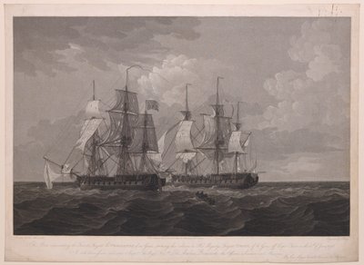 Questa lastra rappresenta la fregata francese La Proserpine di 40 cannoni che ammaina i colori alla fregata di Sua Maestà Dryad di 36 cannoni al largo di Cape Clear, il 13 giugno 1796... dedicata al Captn... Lord Amelius Beauclerk... da Thomas (after) Whitcombe
