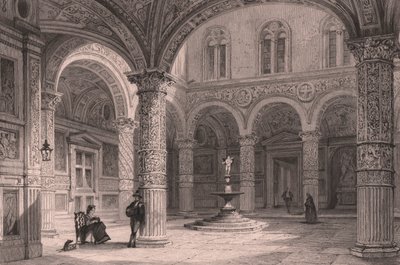 Cortile di Palazzo Vecchio a Firenze, Toscana, Italia, incisione in acciaio di James Tingle (attivo circa 1830-1860) da un disegno di Thomas Allom (1804-1872), circa 21x15 cm da Thomas Allom
