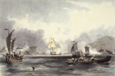 Le navi di Sua Maestà Imogene e Andromache che passano le batterie del Bocca-Tigris, c.1850 da Thomas Allom