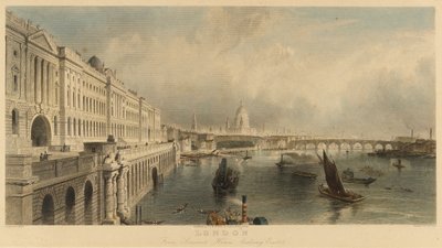 Veduta di Londra, Inghilterra, dal Somerset House Marine Building, con la Cattedrale di San Paolo e il Ponte di Londra. Litografia da Thomas Allom