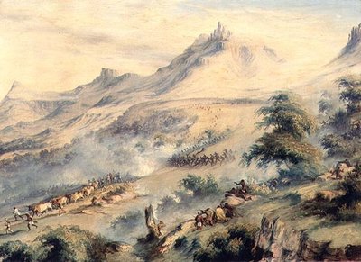 Una pattuglia sotto il comando del Capitano Fisher caricata dai Kaffir di Macoma a Van Beulens Hoek Kat River, c.1846 da Thomas Baines