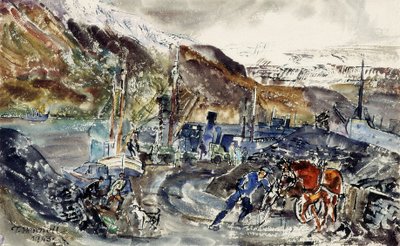 Carro del carbone locale e pescherecci, Seydisfjordur, Islanda da Thomas Barclay Hennell