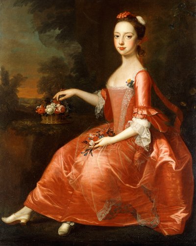 Ritratto di una giovane signora, seduta a figura intera, con un vestito rosso da Thomas Bardwell