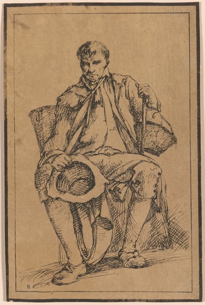 Quaranta impressioni litografiche da disegni di paesaggi di Thomas Barker, selezionati dai suoi studi di figure rustiche dal vero: [Uomo seduto con cesti che tiene cappello e bastone da passeggio] da Thomas Barker