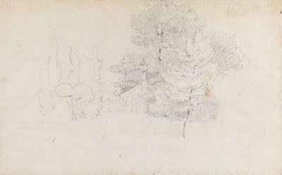 Studio di alberi e un piccolo edificio nei giardini di Merton Place da Thomas Baxter