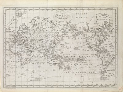 Mappa del mondo che mostra le rotte del Capitano Cook da Thomas Bowen