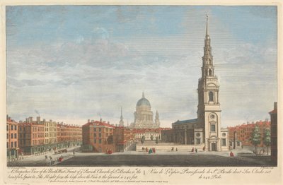 Vista prospettica della facciata nord-ovest della chiesa parrocchiale di St. Brides, con la bellissima guglia. L