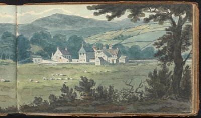 Album di studi di paesaggi e figure: Scena di paesaggio rurale con fattoria e pecore al pascolo da Thomas Bradshaw