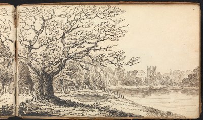 Album di Studi di Paesaggi e Figure: Alberi Lungo un Fiume con Edifici in Lontananza da Thomas Bradshaw