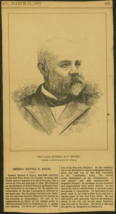 Necrologio e incisione del generale R.S. Ripley da Thomas Butler Gunn
