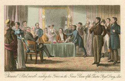 Bernard Blackmantle, che legge la sua farsa nella Green Room del Theatre Royal, Drury Lane, Londra da Thomas Charles Wageman