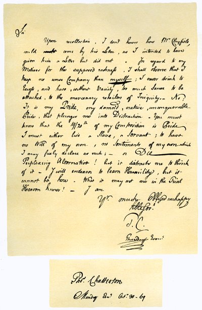 Lettera di Thomas Chatterton a William Barrett, 1769 da Thomas Chatterton