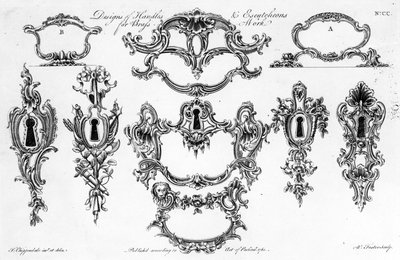 Design di maniglie e bocchette per lavori in ottone, stampa di W. Foster, 1761 da Thomas Chippendale