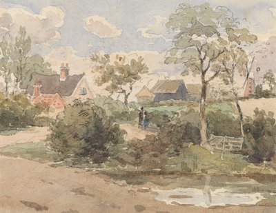 Paesaggio di Campagna con Cottage, Mulino a Vento, Fienili e Figure con Stagno in Primo Piano da Thomas Churchyard