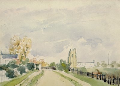 Paesaggio del Suffolk, una strada larga con una piccola casa, una chiesa e alberi da Thomas Churchyard