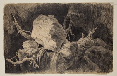 Cacciatore in piedi in una grotta vicino a una roccia e una cascata da Thomas Cole