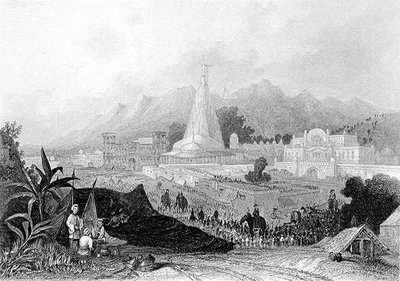Il grande tempio, Hurdwar, con processione di pellegrini indù, inciso da W. Finden, da 