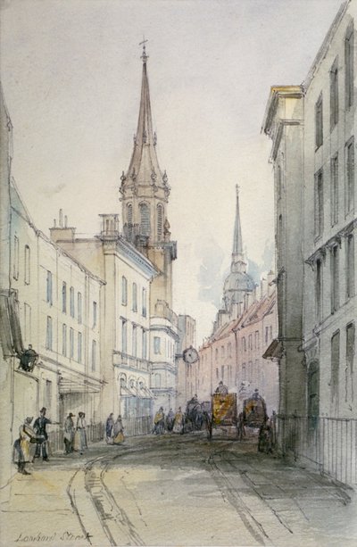 Vista lungo Lombard Street, guardando a est, con figure e carrozze, Città di Londra da Thomas Colman Dibdin