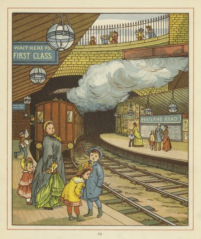Una donna in piedi con un gruppo di bambini su una piattaforma alla stazione ferroviaria di Portland Road da Thomas Crane