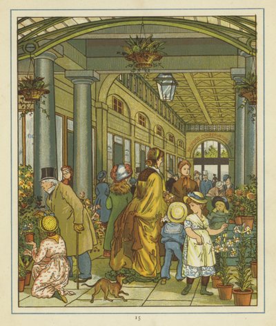Vista interna di persone tra i fiori in vendita a Covent Garden da Thomas Crane