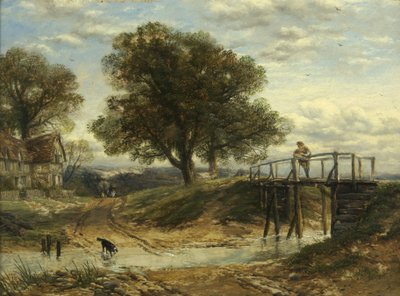 Paesaggio con ruscello, ponte e cottage da Thomas Creswick
