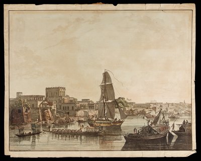 Calcutta dal fiume Hoogly: Edifici Gentoo dalle Vedute di Calcutta, 1788 da Thomas Daniell