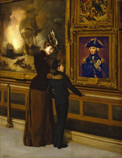 Orgoglio e gloria britannici, un cadetto della Royal Navy contempla il famoso ritratto di Horatio Nelson (1748-1805) di Lemuel Abbott da Thomas Davidson