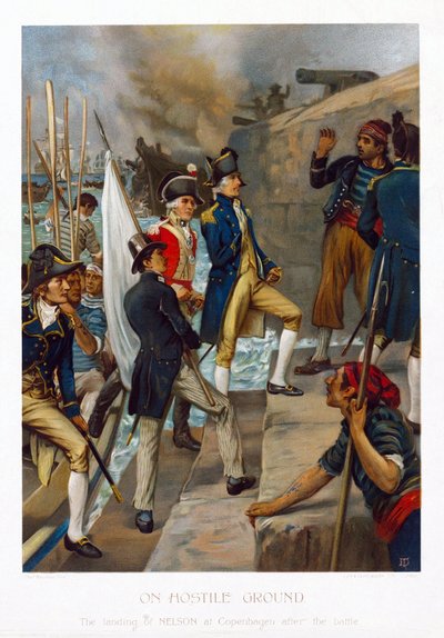 In una terra ostile. Lo sbarco di Horatio Nelson (1758-1805) a Copenaghen (Danimarca), dopo la battaglia (1801). Cromolitografia, circa 1897, di Thomas Davidson (attivo 1863-1903). da Thomas Davidson