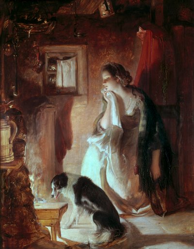 Il cuore addolorato, Una giovane donna accanto al fuoco, volto triste a causa di un dolore. Victoria and Albert Museum, Londra da Thomas Duncan