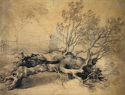 Un albero caduto con edifici agricoli oltre da Thomas Gainsborough