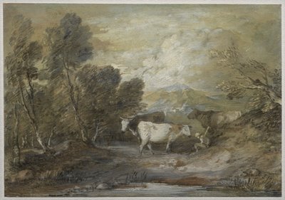 Un Mandriano con Tre Mucche vicino a uno Stagno di Montagna da Thomas Gainsborough