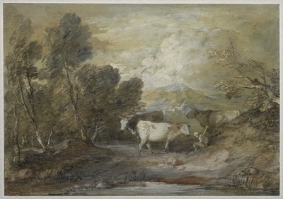 Un pastore con tre mucche vicino a una pozza in altura da Thomas Gainsborough