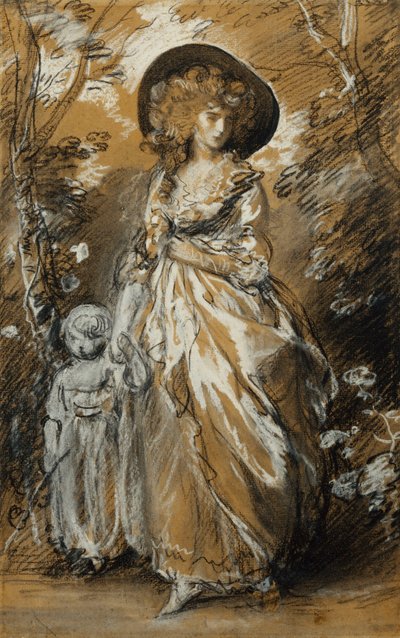 Una signora che cammina in un giardino, in piedi a figura intera e tenendo per mano il suo bambino; possibilmente uno studio per The Richmond Water-Walk da Thomas Gainsborough