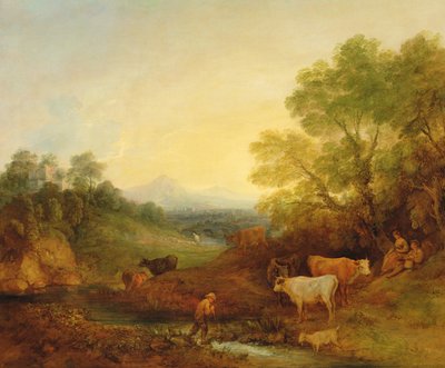 Un paesaggio con bestiame e figure vicino a un ruscello e un ponte distante, c.1772-4 da Thomas Gainsborough