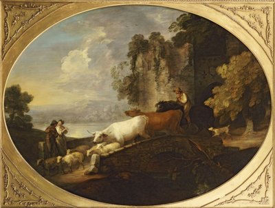 Paesaggio Fluviale con Amanti Rustici, un Mandriano a Cavallo che Guida Bovini e Pecore su un Ponte con un Castello in Rovina Oltre da Thomas Gainsborough