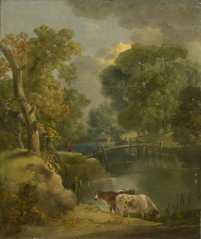 Paesaggio Fluviale con Due Mucche e una Figura su un Ponte da Thomas Gainsborough