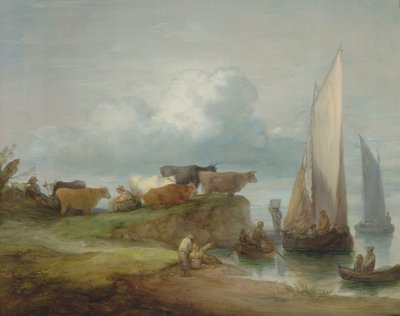 Bovini su una riva del fiume con barche a vela da Thomas Gainsborough