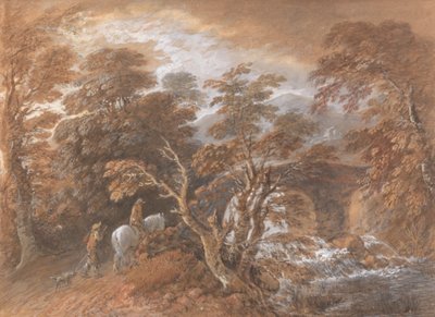 Paesaggio collinare con figure che si avvicinano a un ponte da Thomas Gainsborough