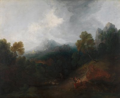 Valle di montagna con figure e villaggio distante da Thomas Gainsborough