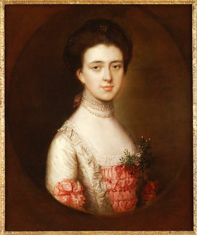 Ritratto di una signora, busto, in un vestito rosa e bianco ornato di pizzo e una collana di perle da Thomas Gainsborough