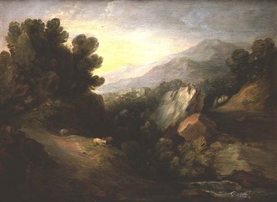 Paesaggio roccioso boscoso con pecore vicino a una cascata da Thomas Gainsborough
