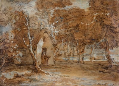Paesaggio boscoso, cottage, figure e barca sul lago da Thomas Gainsborough