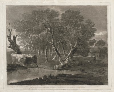 Paesaggio boscoso con mucche accanto a una pozza, figure e cottage da Thomas Gainsborough