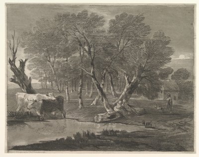 Paesaggio boscoso con mucche vicino a una pozza, figure e cottage da Thomas Gainsborough
