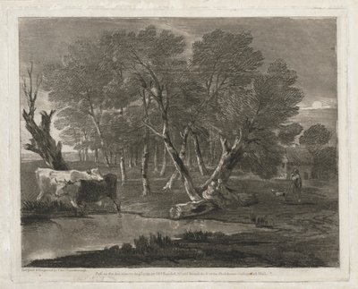 Paesaggio boscoso con mucche vicino a una pozza, figure e cottage da Thomas Gainsborough
