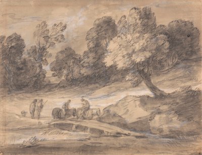 Paesaggio boscoso con figure a cavallo che attraversano un ponte da Thomas Gainsborough