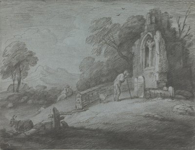 Paesaggio Boschivo con Contadino che Legge la Lapide, Amanti Rustici e Chiesa in Rovina da Thomas Gainsborough