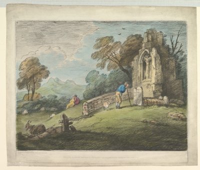 Paesaggio boscoso con contadino che legge una lapide, amanti rustici e chiesa in rovina da Thomas Gainsborough